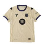 Barcelona Away 2025/26 Player Version jersey in beige with black and purple trim, front logos visible.