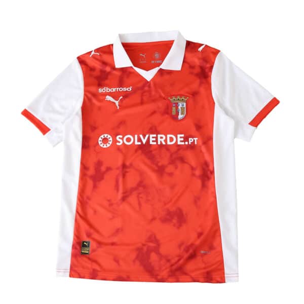 Braga Home 2025/26 Fan Version jersey in red with white sleeves, sponsor and club logos on the front.