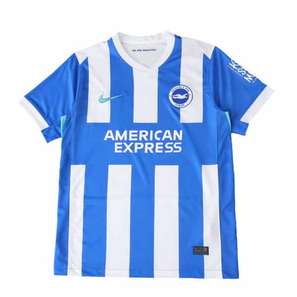 Brighton & Hove Albion 2025/26 home fan jersey with blue and white stripes, American Express sponsor logo.