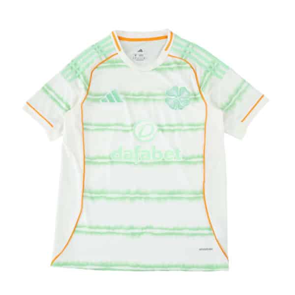Celtic Third 2025/26 Fan Version jersey, white with green stripes and orange trim, displayed flat.