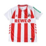 FC Köln 2025/26 home fan jersey with red stripes, team logo, and REWE sponsor on the front.