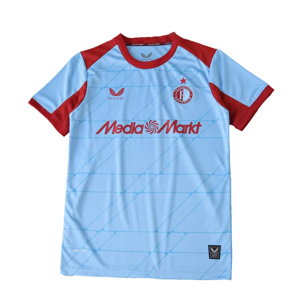 Feyenoord Away 2025/26 Fan Version jersey in light blue with red accents and MediaMarkt sponsor logo.