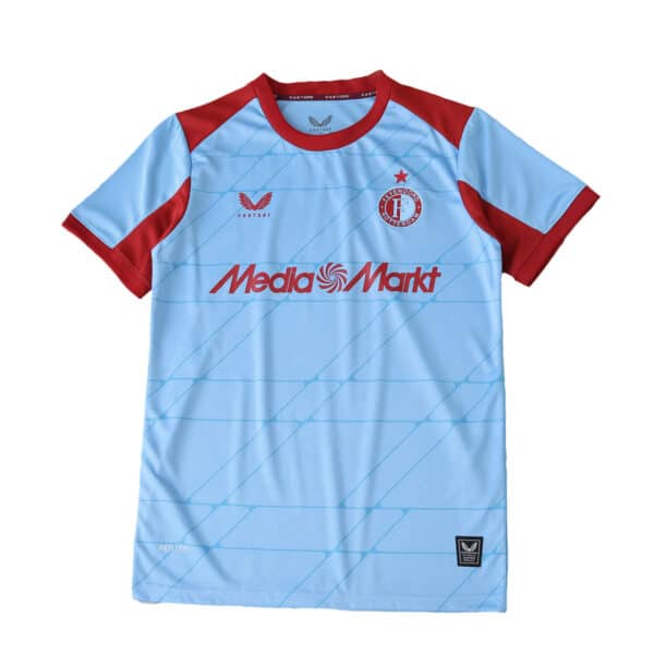 Feyenoord Away 2025/26 Fan Version jersey in light blue with red accents and MediaMarkt sponsor logo.