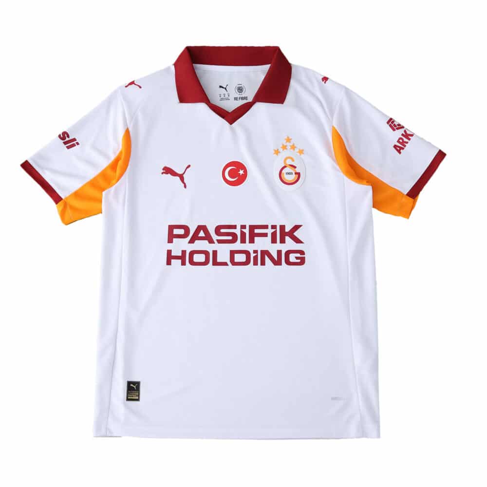 Galatasaray Away 2025/26 Fan Version jersey, white with red accents and sponsor logos on front.