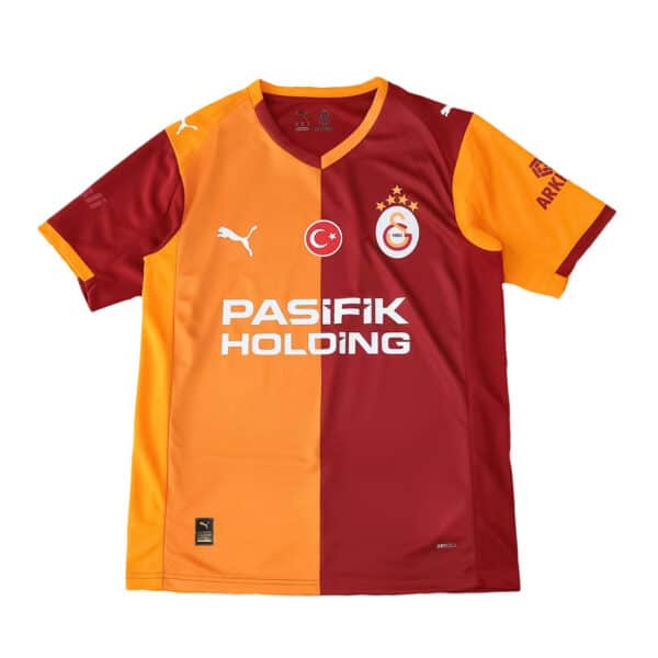 Galatasaray Home 2025/26 Fan Version jersey with split red and yellow design, logos, and sponsor text.