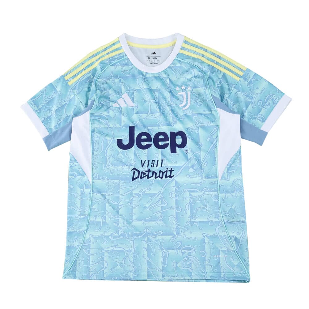 Juventus Away 2025/26 Fan Version jersey in light blue with yellow accents and sponsor logos.