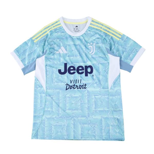 Juventus Away 2025/26 Fan Version jersey in light blue with yellow accents and sponsor logos.