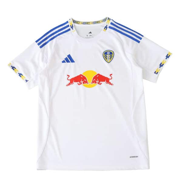 Leeds United 2025/26 home fan jersey in white with blue stripes, club crest, and Red Bull sponsor logo.