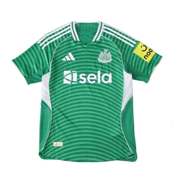 Newcastle United Away 2025/26 Player Version jersey, green with white stripes and sponsor logos.