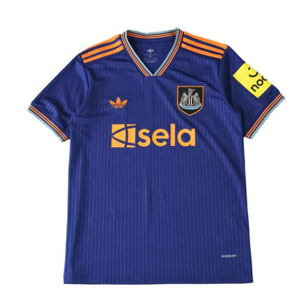 Newcastle United Third 2025/26 Fan Version jersey in blue with orange details and sponsor logos.