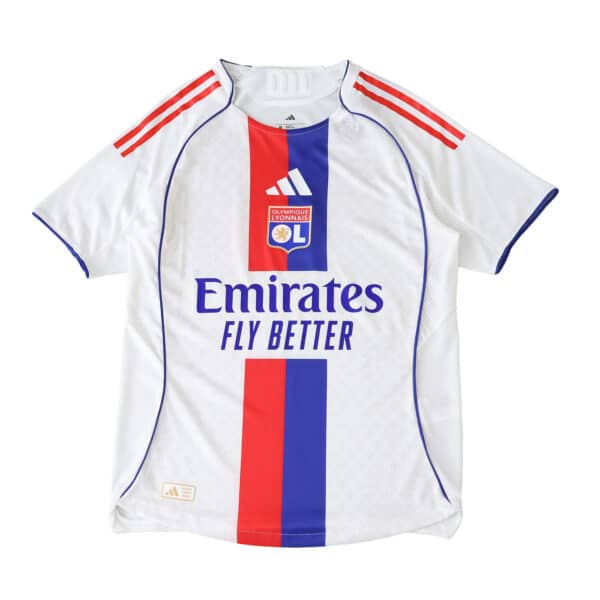 Olympique Lyonnais 2025/26 home player jersey, white with red and blue stripes, Adidas and Emirates logos.