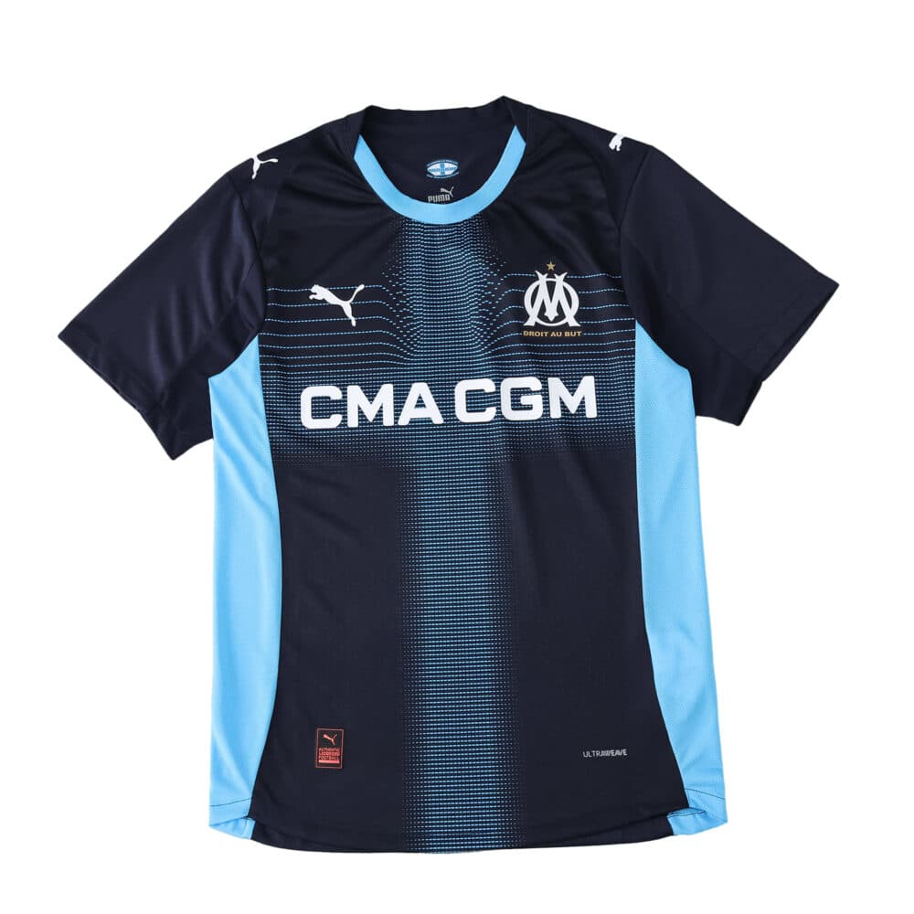 Olympique Marseille 2025/26 away player version jersey in navy with light blue accents and sponsor logo.