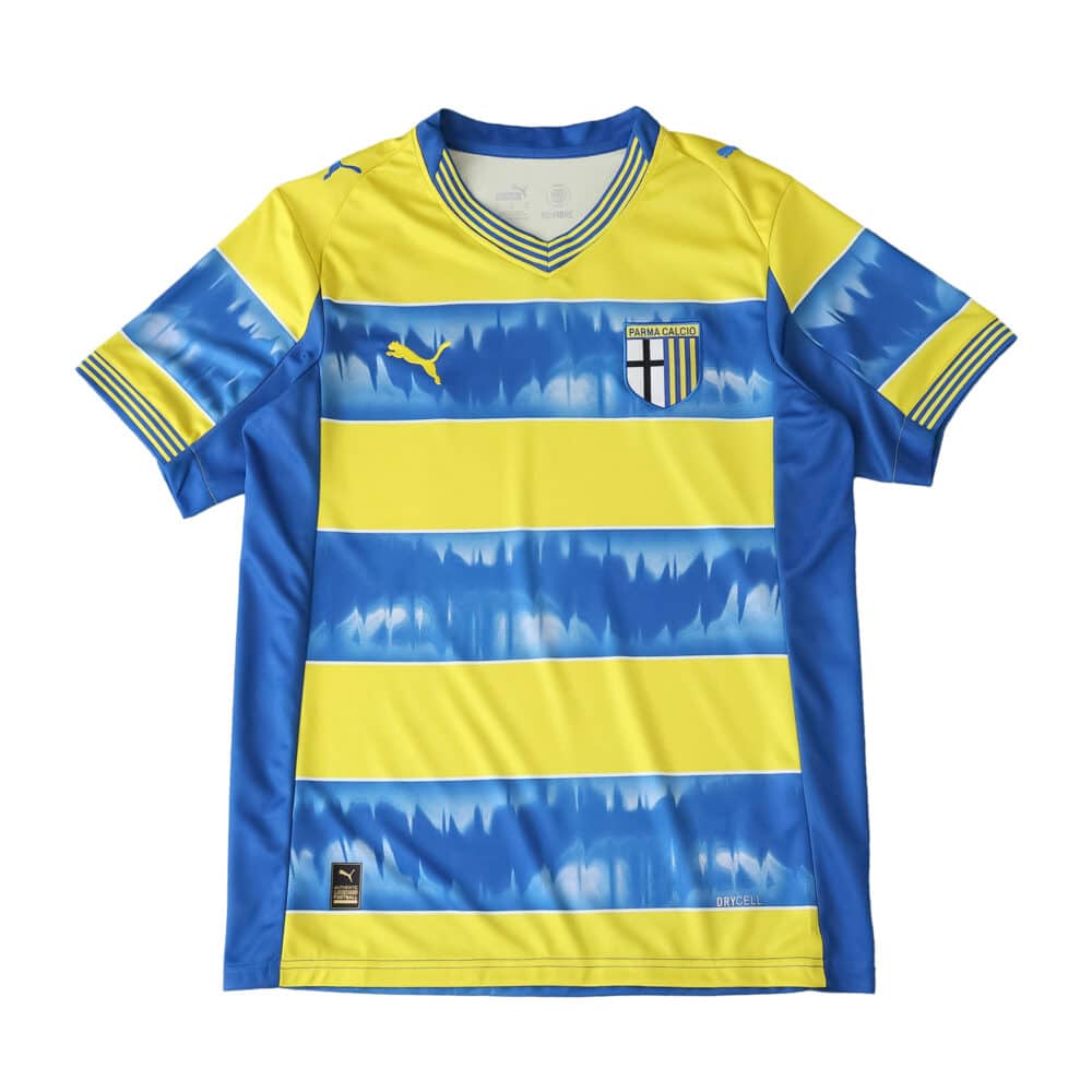 Parma Away 2025/26 Fan Version jersey with yellow and blue horizontal stripes, Puma logo, and club crest.