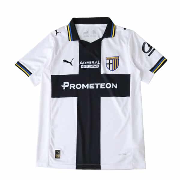 Parma Home 2025/26 Fan Version jersey in white with black cross and sponsor logos on front.