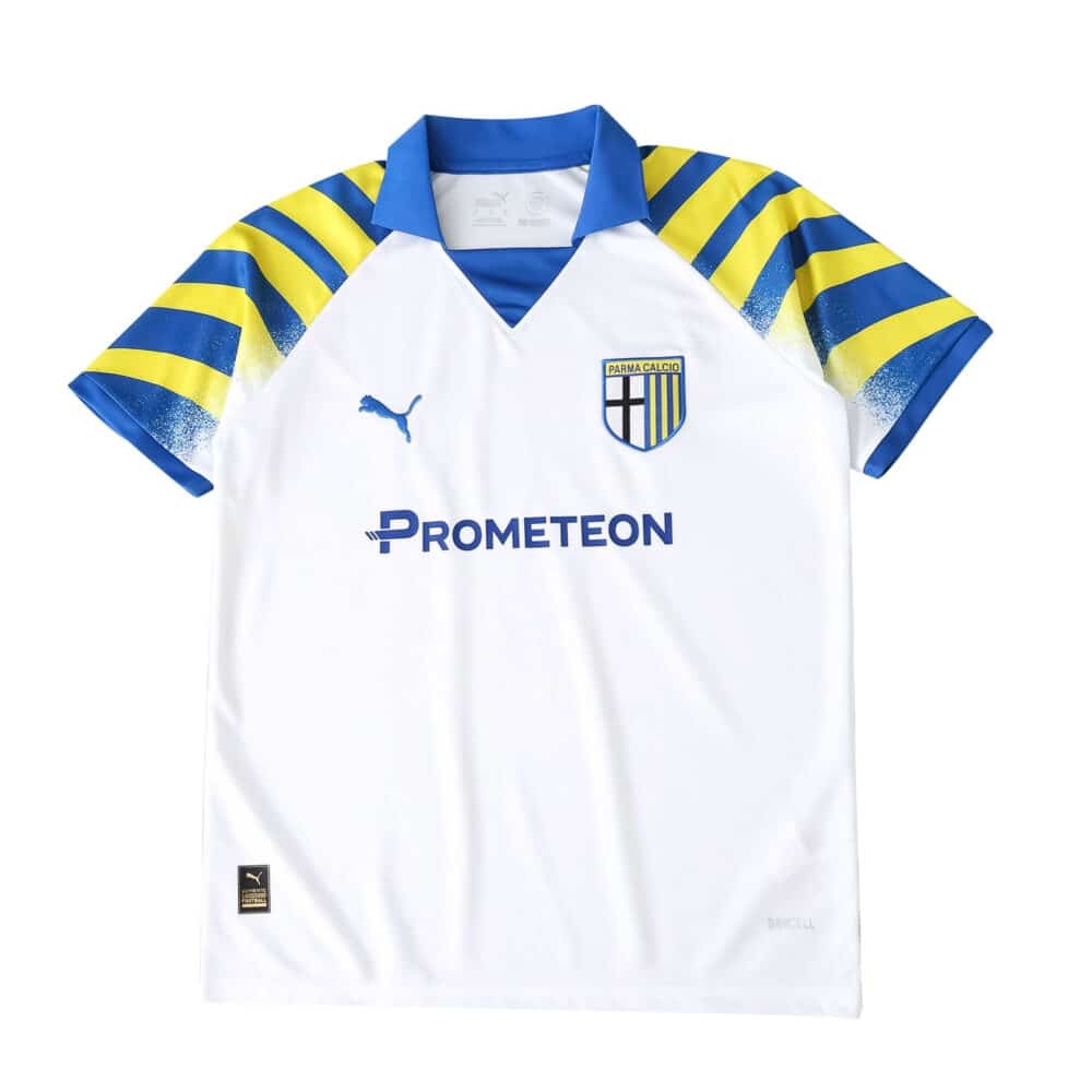 Parma Third 2025/26 Fan Version jersey, white with blue collar and yellow-blue striped sleeves.