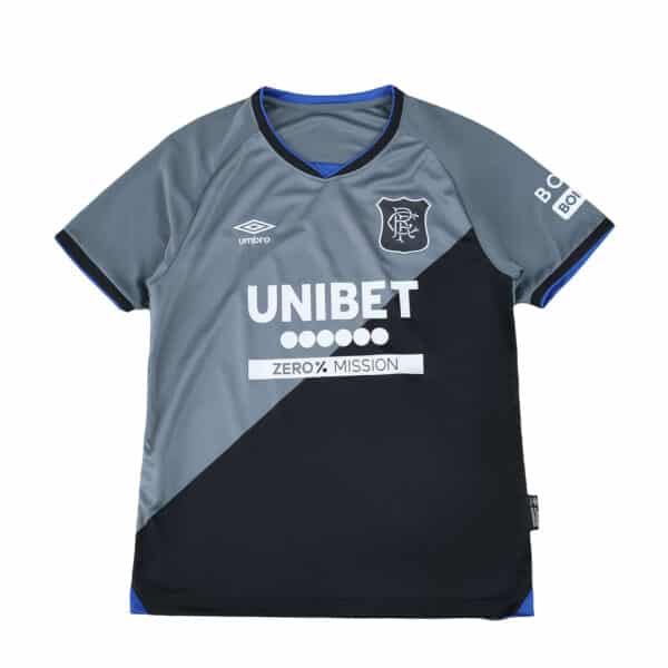 Rangers Third 2025/26 Fan Version jersey in grey and black with sponsor logos and club crest.