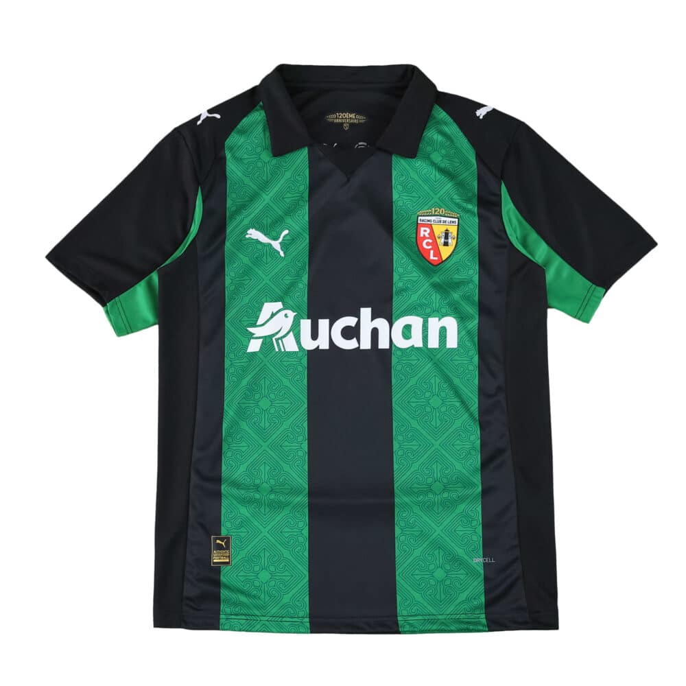 RC Lens Away 2025/26 Fan Version jersey in black and green with Puma logo and Auchan sponsor.