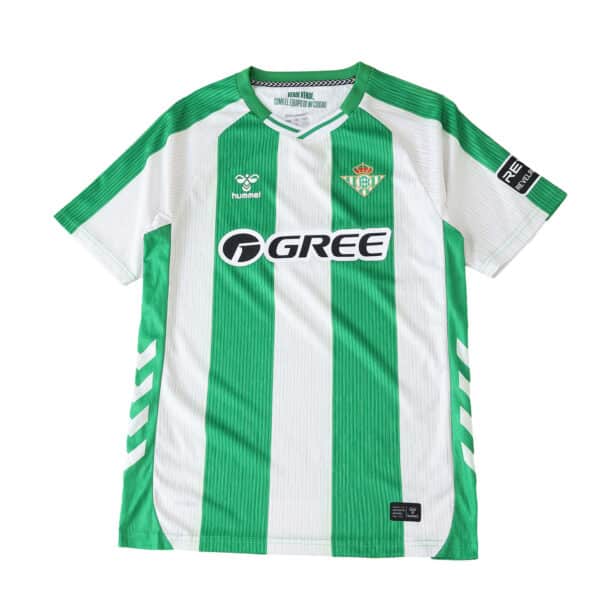 Real Betis 2025/26 home player version jersey with green and white stripes, Gree sponsor logo.