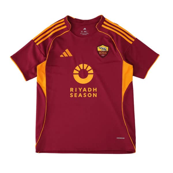 Roma Home 2025/26 Fan Version jersey in maroon with yellow accents, featuring club and sponsor logos.