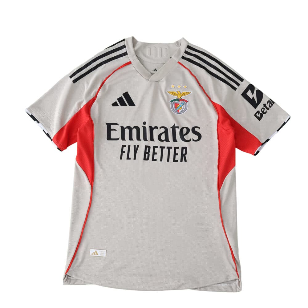 SL Benfica Away 2025/26 Player Version jersey in gray with red accents and sponsor logos.