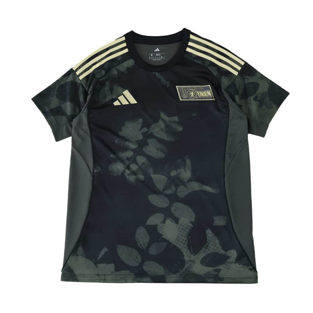 Union Berlin Away 2025/26 Fan Version jersey in black with gold accents and subtle leaf patterns.