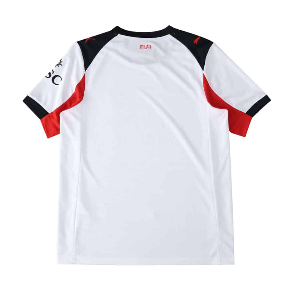 Back view of AC Milan Away 2025/26 Fan Version jersey, featuring white with red and black accents.