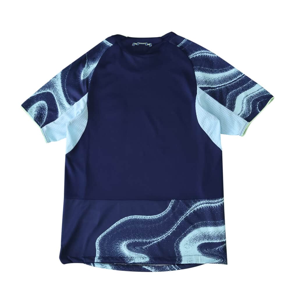 Back view of the Ajax Away 2025/26 Player Version jersey featuring a blue and white abstract pattern.