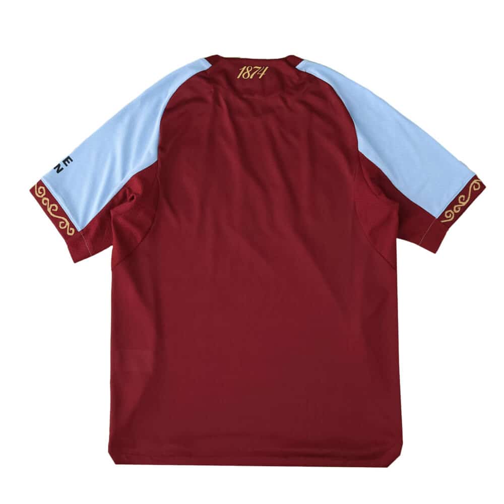 Back view of Aston Villa 2025/26 Home Player Version jersey in claret with sky blue sleeves and gold details.