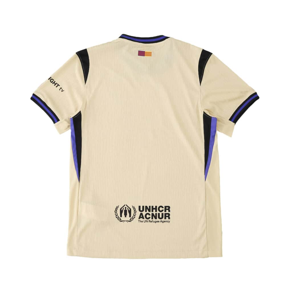 Back view of the Barcelona Away 2025/26 Player Version jersey in beige with black and purple accents.