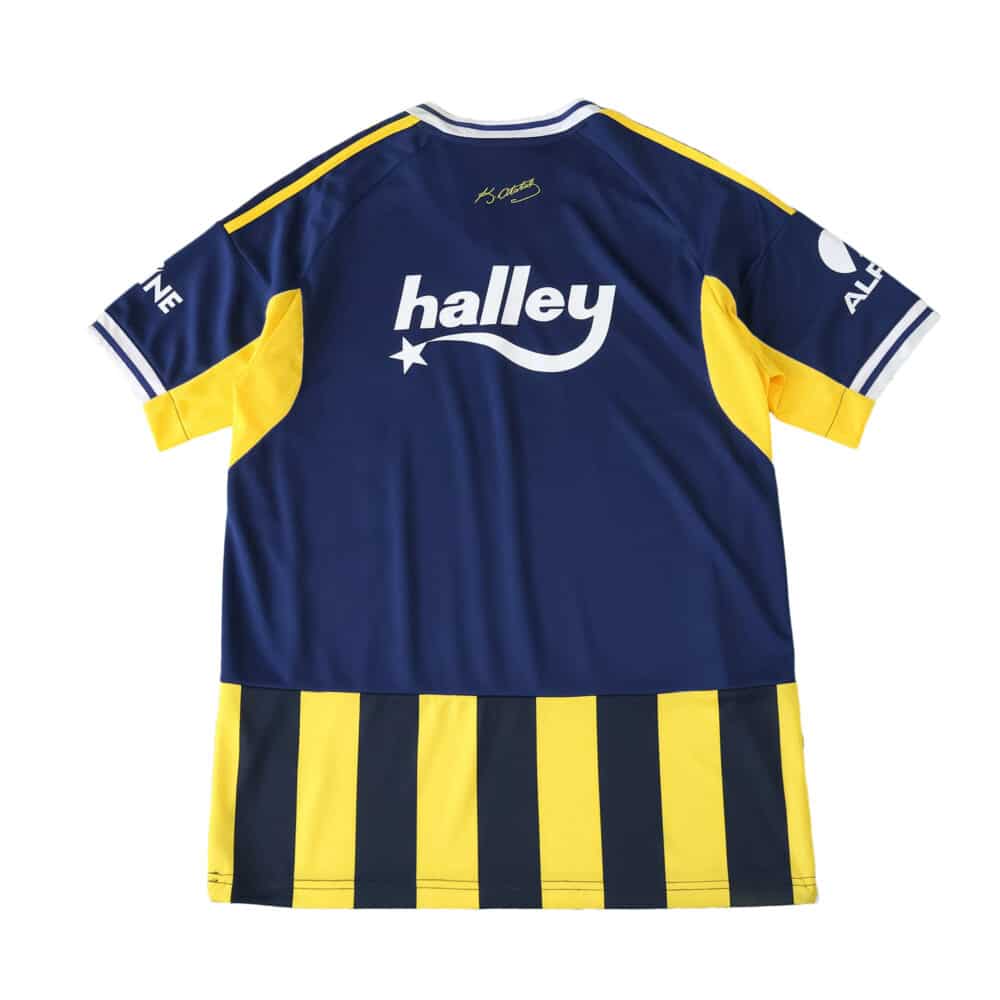 Back view of the Fenerbahce 2025/26 home fan jersey with sponsor logo and yellow-navy striped design.