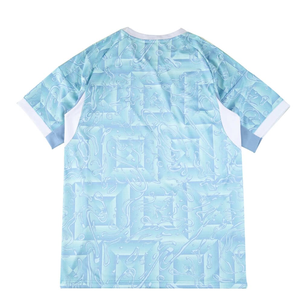 Back view of the Juventus Away 2025/26 Fan Version jersey in light blue with white accents.