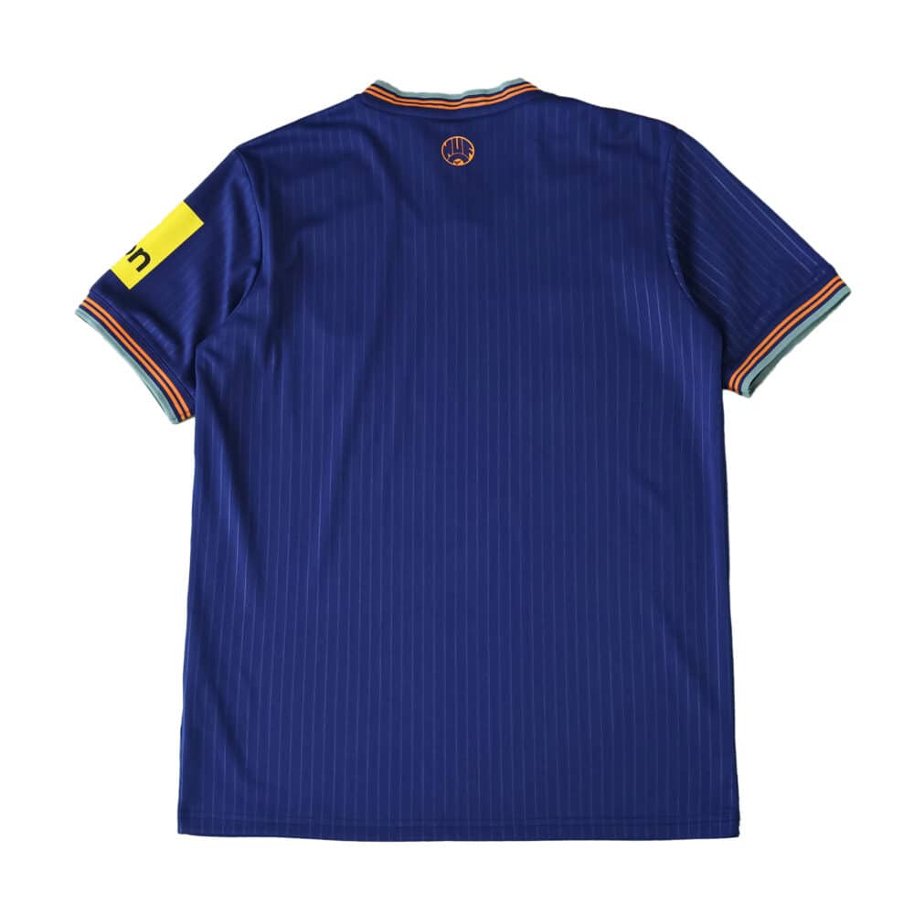 Back view of the Newcastle United 2025/26 Third Fan Version jersey in blue with striped collar and sleeves.