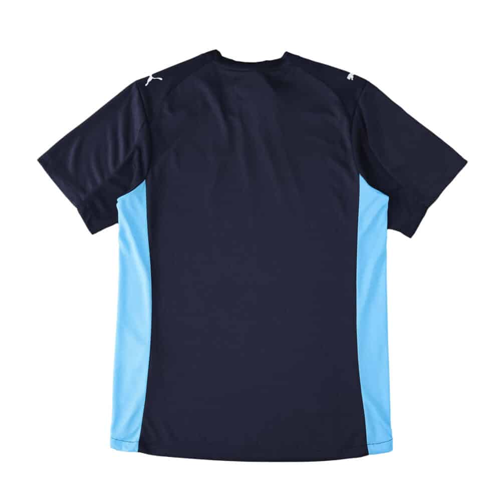 Back view of Olympique Marseille 2025/26 away player version jersey, navy with light blue side panels.