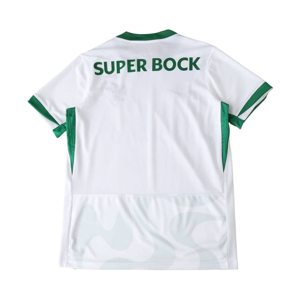 Back view of Sporting CP 2025/26 Away Fan Version jersey, white with green trim and "Super Bock" sponsor text.