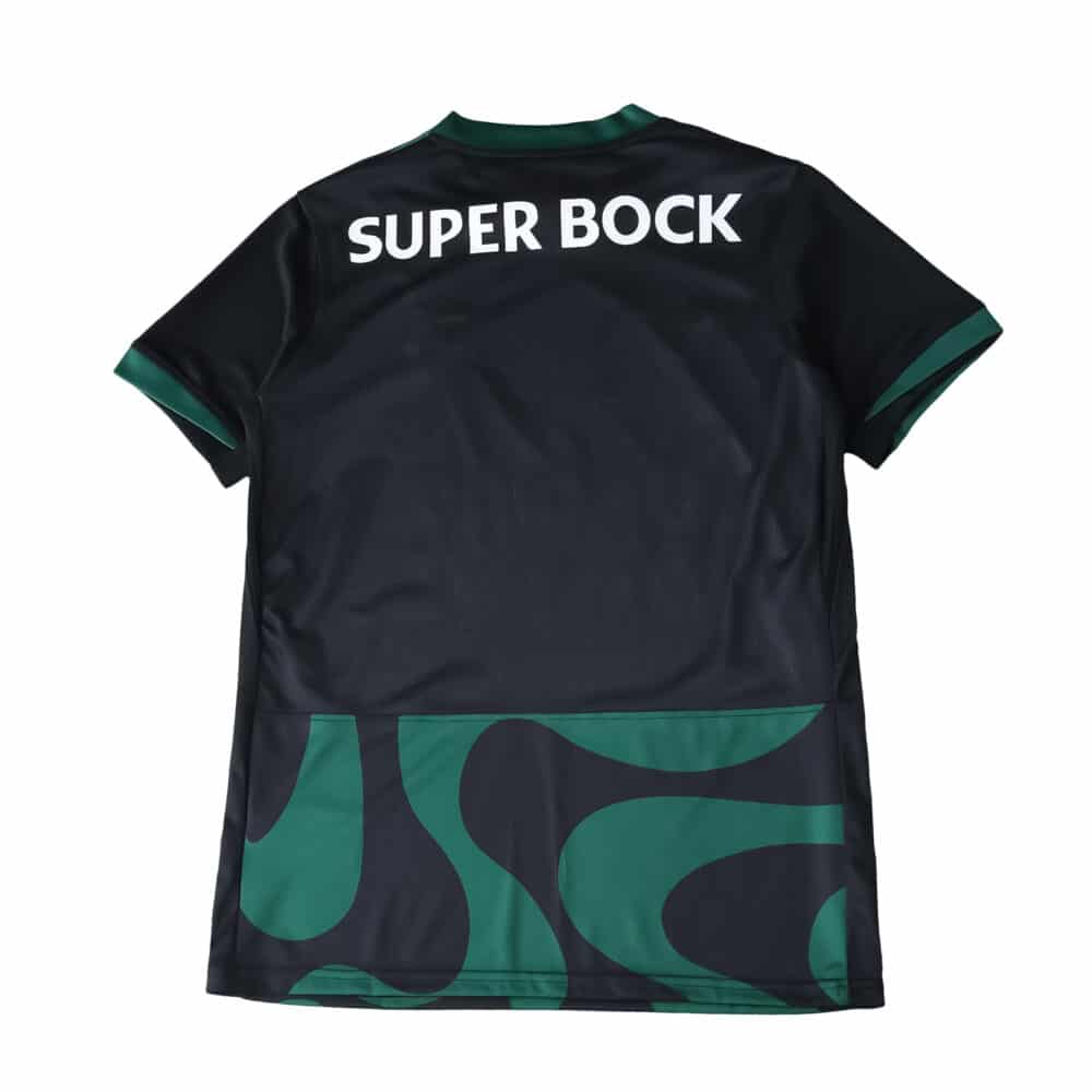 Back view of Sporting CP Third 2025/26 Fan Version jersey with "Super Bock" sponsor and green abstract patterns.