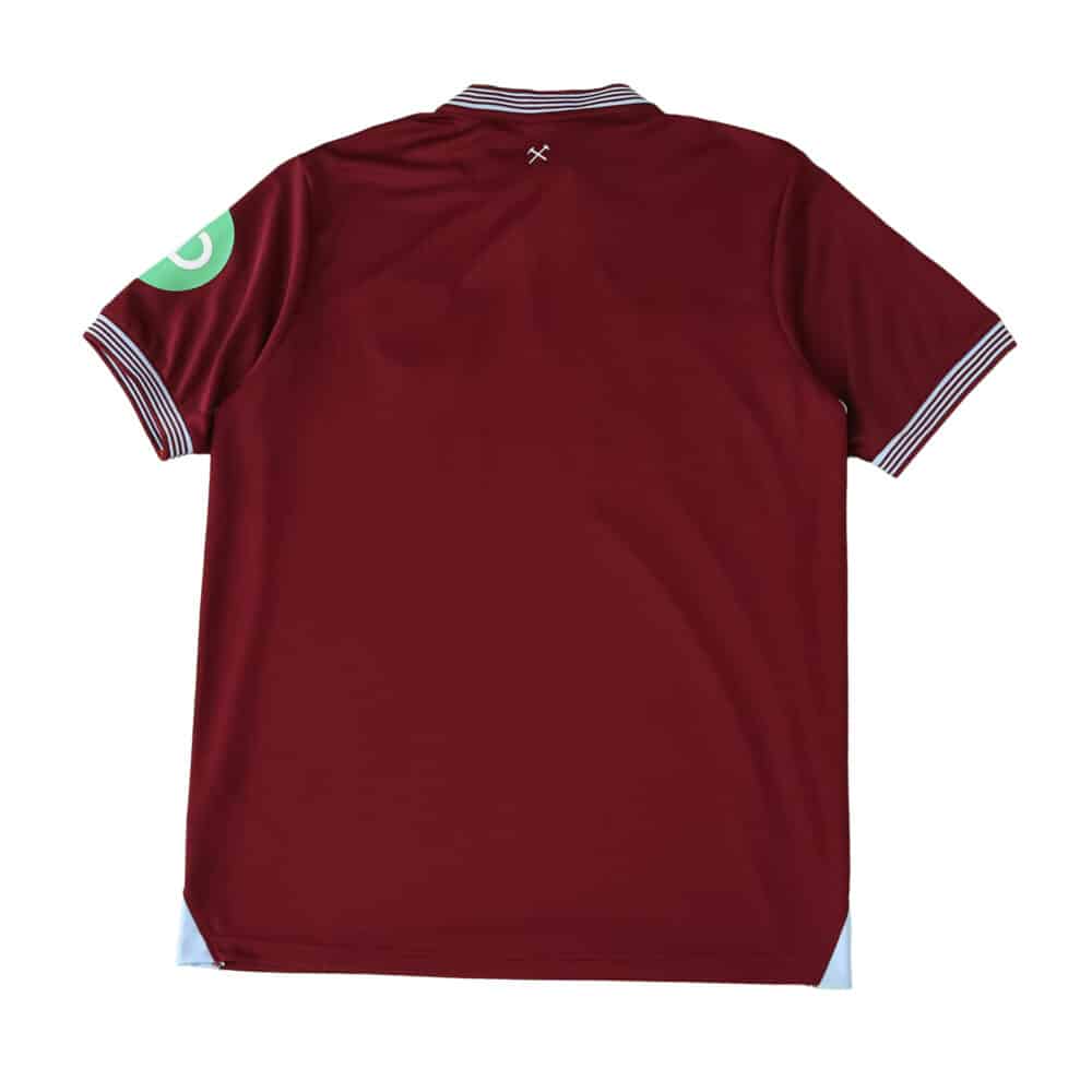 Back view of West Ham United Home 2025/26 Fan Version jersey in claret with striped collar and cuffs.