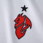 Close-up of the red AC Milan 2025/26 Away Fan Version badge with a black star on white fabric.