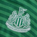 Close-up of the Newcastle United crest on the green striped 2025/26 away player version jersey.