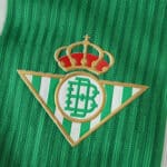 Real Betis 2025/26 Home Player Version jersey badge on green striped fabric.
