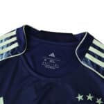Collar and shoulder detail of Ajax Away 2025/26 Fan Version jersey with three white stars and Adidas stripes.
