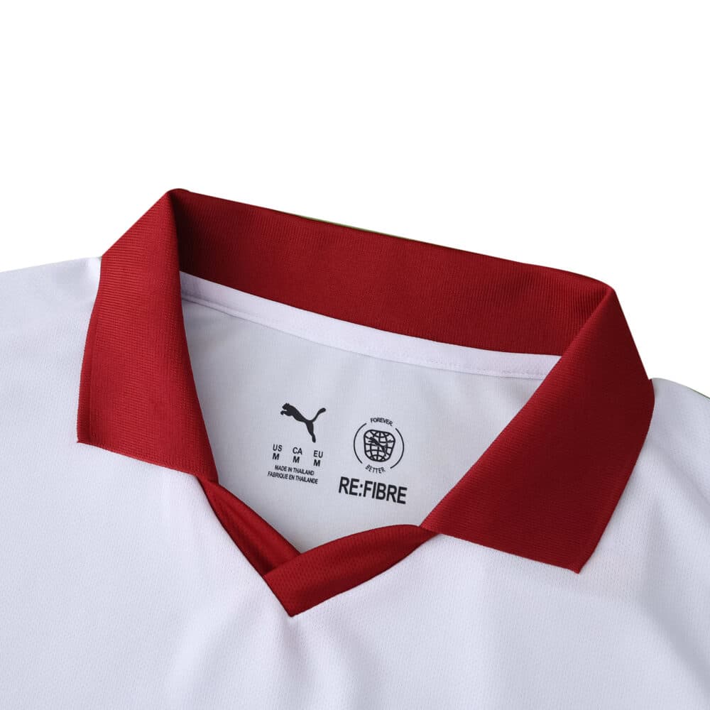 Close-up of the Galatasaray 2025/26 Away Fan Version jersey with a red collar and Puma branding.