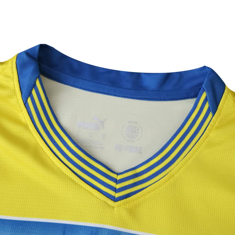 Close-up of the collar on the Parma Away 2025/26 Fan Version jersey, featuring blue and yellow stripes.