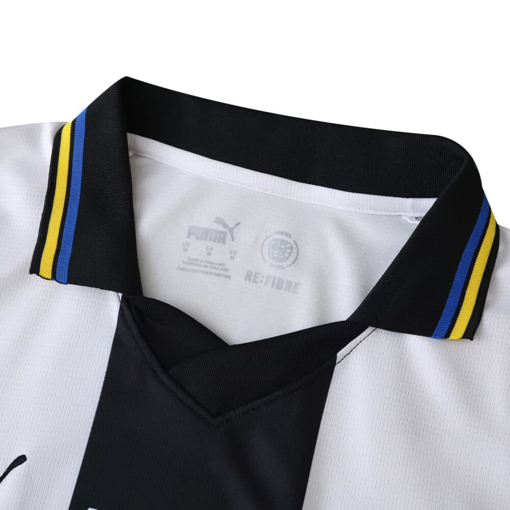Close-up of Parma Home 2025/26 Fan Version jersey collar with blue and yellow stripes on black trim.