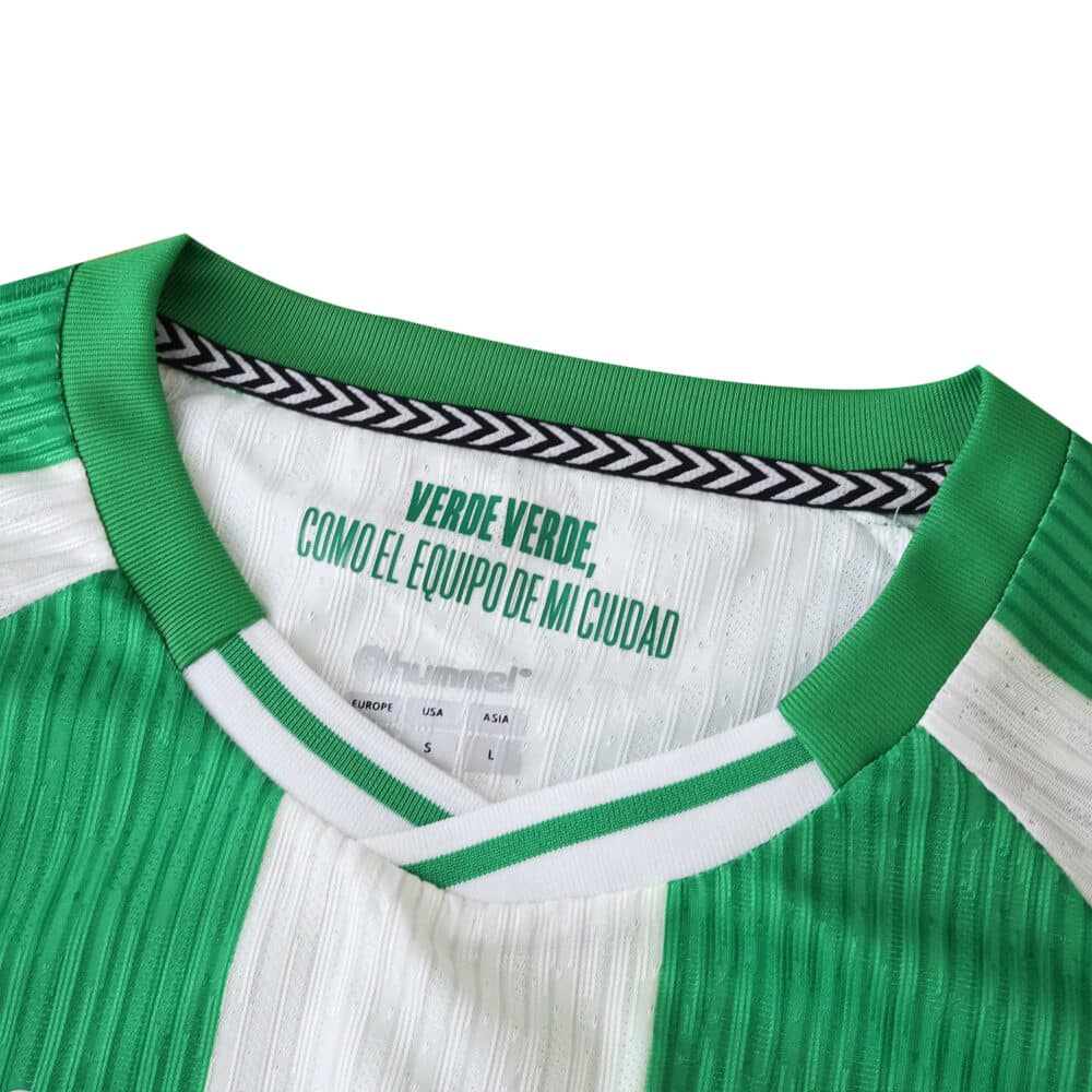 Close-up of the Real Betis 2025/26 Home Player Version jersey collar and inner neck detailing.