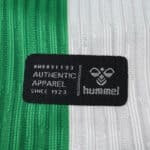 Close-up of the Real Betis 2025/26 Home Player Version shirt with Hummel authentic apparel label.