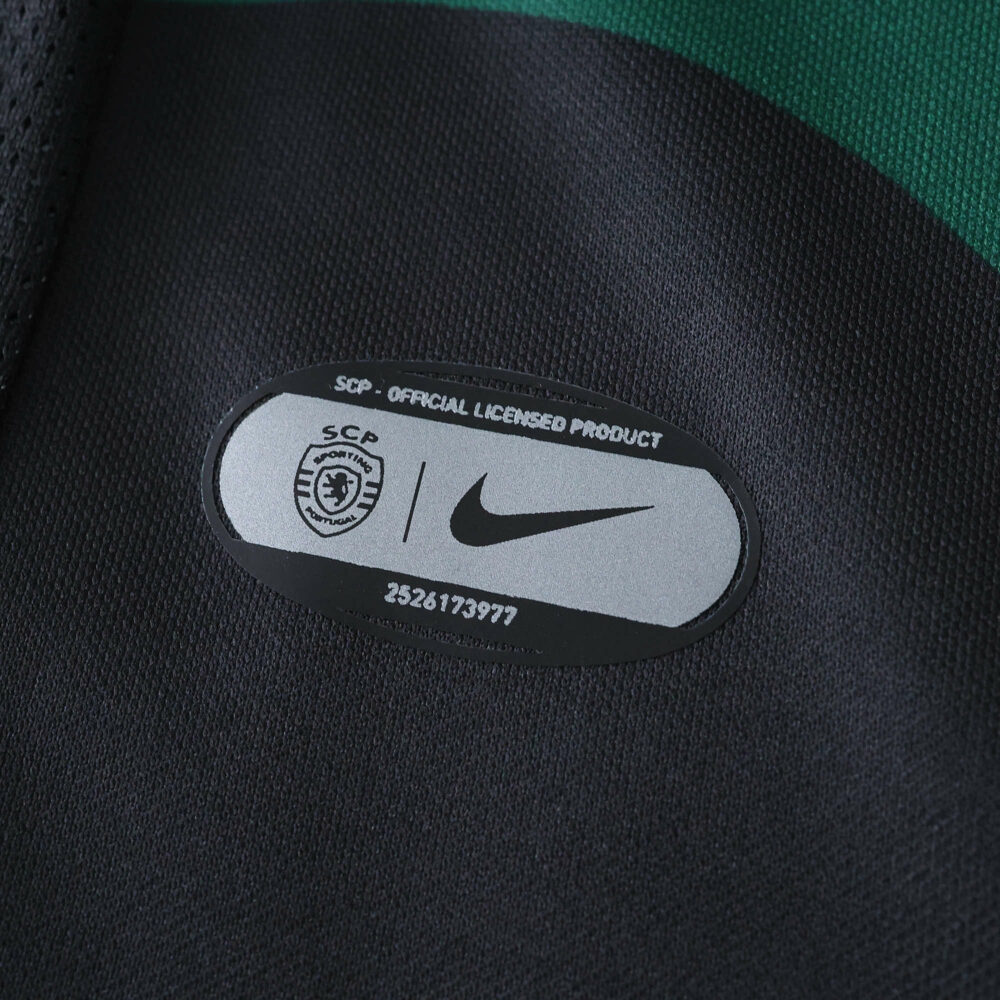 Close-up of Sporting CP 2025/26 third kit, featuring official club and Nike authenticity badge.