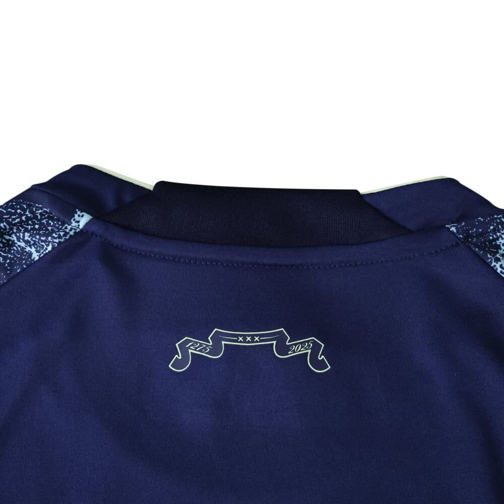 Back collar detail of Ajax Away 2025/26 Fan Version jersey, featuring a ribbon design with "XXX" and "2025".