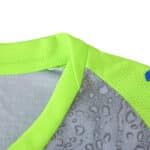 Close-up of Manchester City Third 2025/26 Player Version jersey collar in neon green and grey pattern.