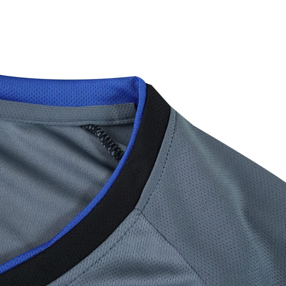 Close-up of the collar on the Rangers Third 2025/26 fan version jersey, featuring blue and black trim.