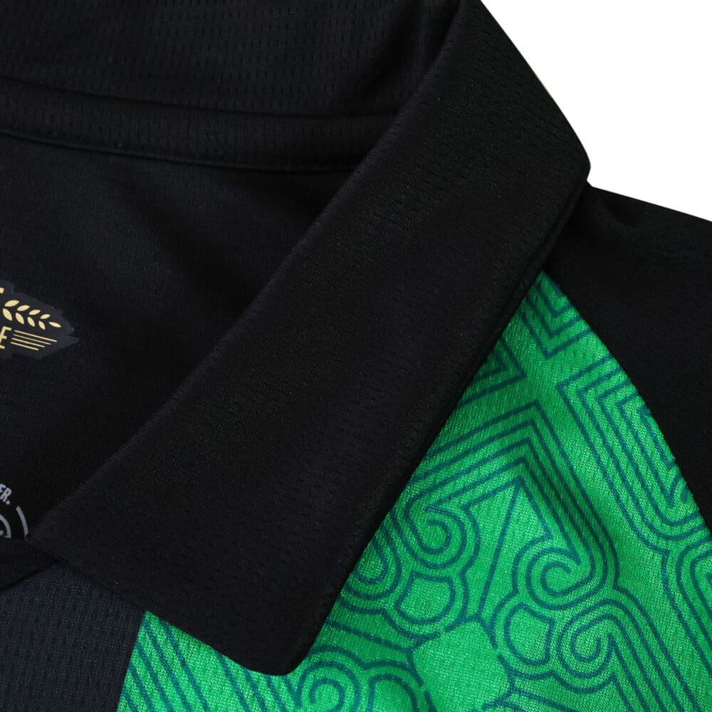 RC Lens Away 2025/26 Fan Version shirt collar and green patterned chest detail.